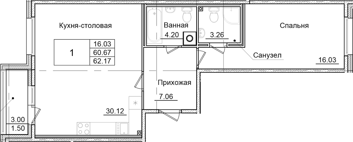 1-комнатная квартира 62.17 м², 2/9 эт., ЖК «Квартал Заречье»